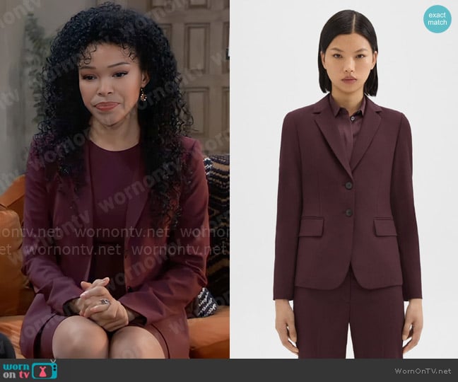 Theory Carissa Blazer in Good Wool in Malbec worn by Portia Robinson (Brook Kerr) on General Hospital