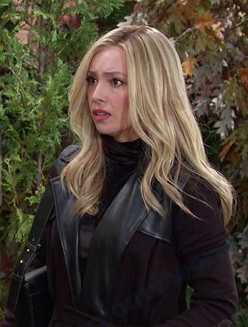 Theresa’s black leather detail coat on Days of our Lives