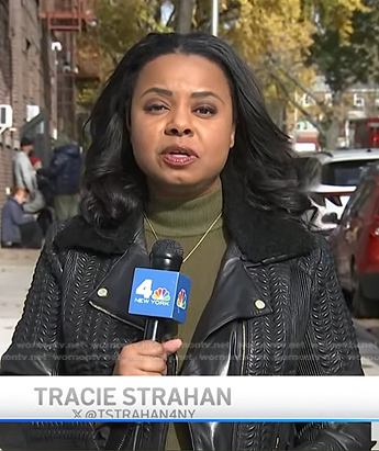 Tracie Strahan's black leather moto jacket on NBC News Daily