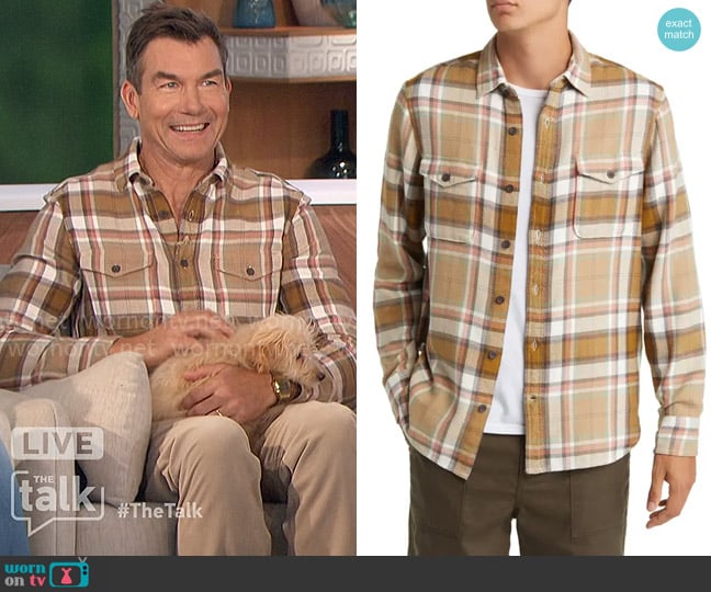 Treasure and Bond Trim Fit Plaid Button-Up Overshirt in Tan- Olive Olympics Plaid worn by Jerry O'Connell on The Talk