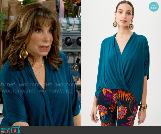 Trina Turk Concourse Top in Pool Teal worn by Esther Valentine (Kate Linder) on The Young and the Restless