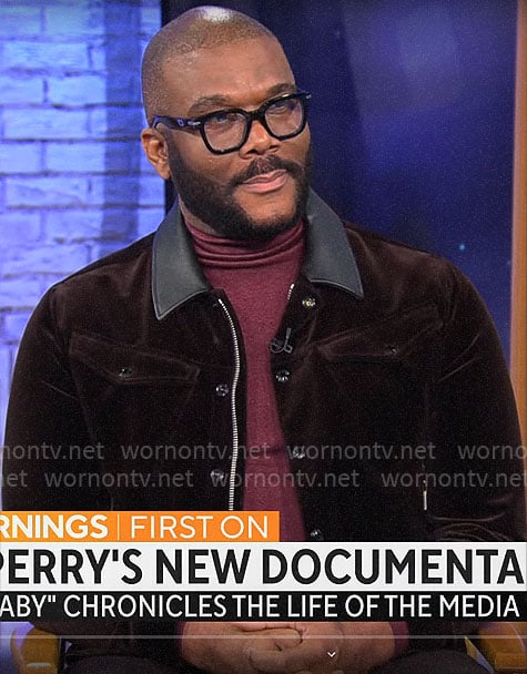 Tyler Perry’s jacket with leather collar on CBS Mornings