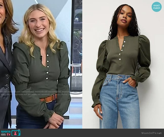 Veronica Beard  Effty Poet-Sleeve Cotton Top in Army worn by Jasmine Roth on Today