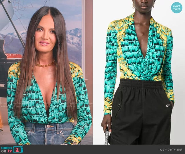 Versace Baroccodile-Print V-Neck Bodysuit worn by Lisa Barlow on The Real Housewives of Salt Lake City