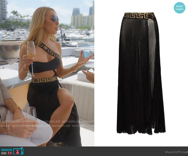 Versace Greca pleated maxi skirt worn by Lisa Hochstein (Lisa Hochstein) on The Real Housewives of Miami