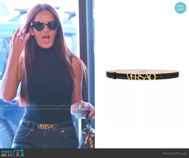  Versace Logo Leather Thin Belt worn by Lisa Barlow on The Real Housewives of Salt Lake City