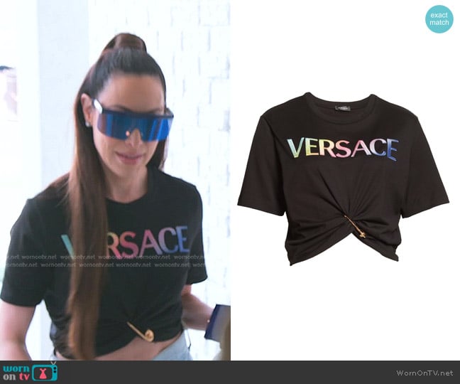 Versace Rainbow Logo Safety Pin Crop T-Shirt worn by Angie Katsanevas on The Real Housewives of Salt Lake City