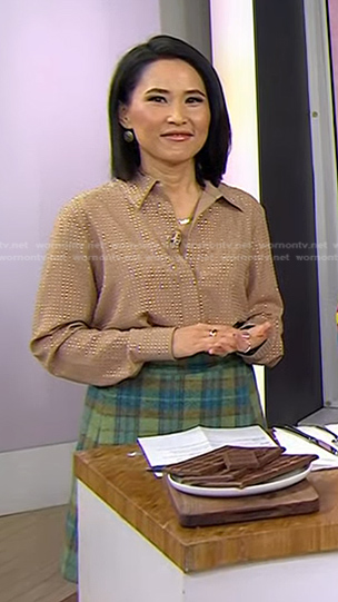 Vicky’s beige embellished blouse and plaid skirt on Today