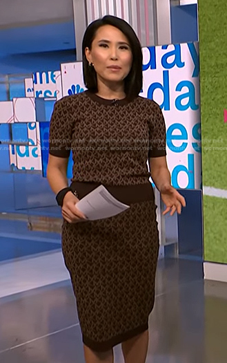 Vicky's brown printed short sleeve top and skirt on NBC News Daily