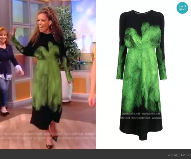 Victoria Beckham feather-print long-sleeve midi dress worn by Sunny Hostin on The View