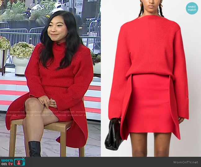 Victoria Beckham Logo-Embroidered Jumper and Circular 3D-Detailing Miniskirt  worn by Awkwafina on Today