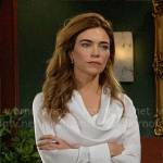 Victoria’s white cowl neck blouse and pleated skirt on The Young and the Restless