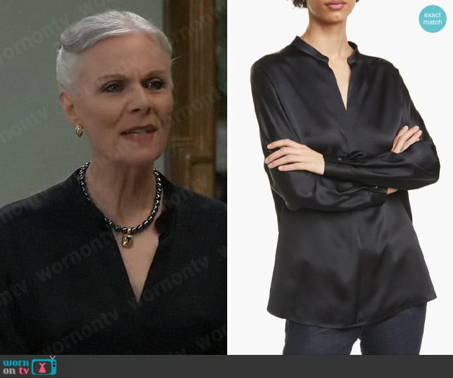 Vince Band Collar Silk Blouse in Black worn by Tracy Quartermaine (Jane Elliot) on General Hospital