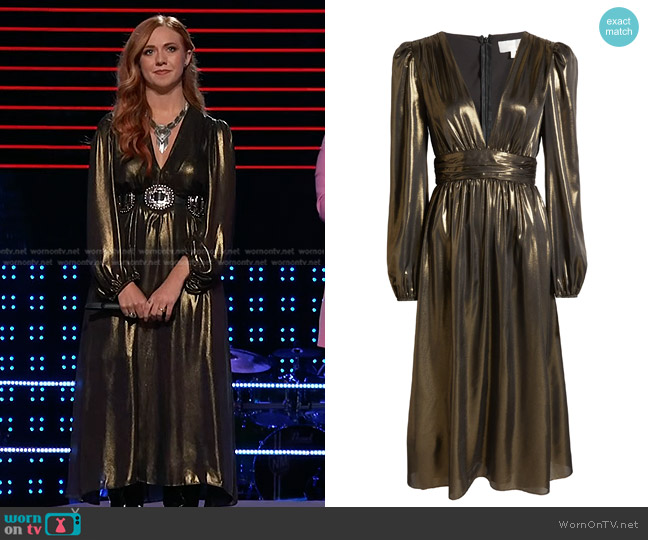 Wayf Plunge Neck Long Sleeve Metallic Lamé Dress worn by Caitlin Quisenberry on The Voice