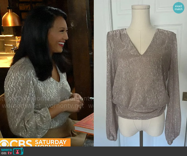 White House Black Market Metallic Blouse worn by Nancy Chen on CBS Mornings