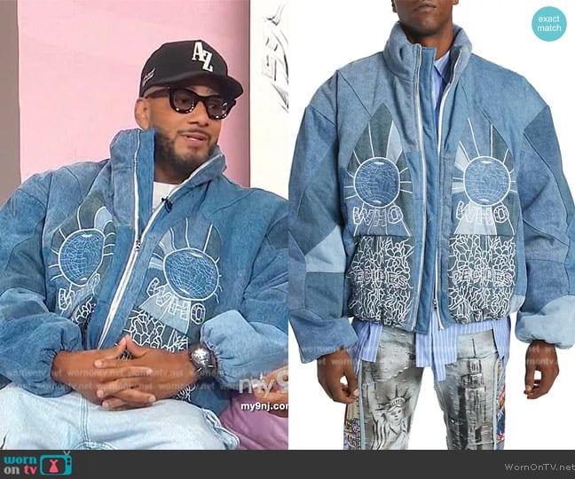 Who Decides War Embroidered Denim Bomber Jacket worn by Swizz Beatz on Sherri