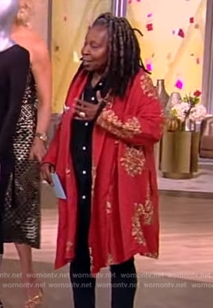 Whoopi’s red floral embroidered coat on The View