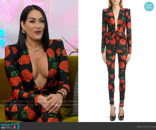 Saint Laurent Rose Print Plunge Neck Long Sleeve Jersey Catsuit worn by Nikki Garcia on Access Hollywood