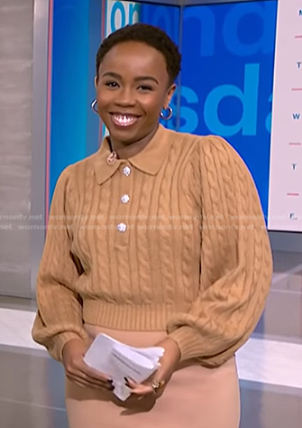 Zinhle's beige cable knit sweater on NBC News Daily