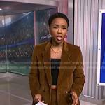 Zinhle’s brown corduroy blazer and pants on NBC News Daily