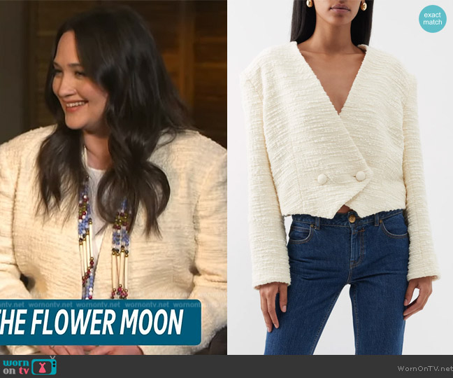 Zimmermann Luminosity slubbed wool-blend cropped blazer worn by Lilly Gladstone on Access Hollywood