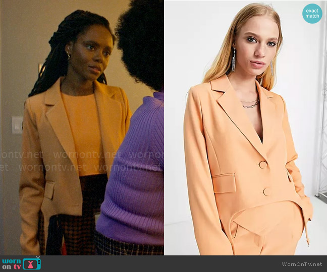 4th & Reckless Suspender tailored blazer in peach worn by Hazel-May McCall (Ashleigh Murray) on The Other Black Girl