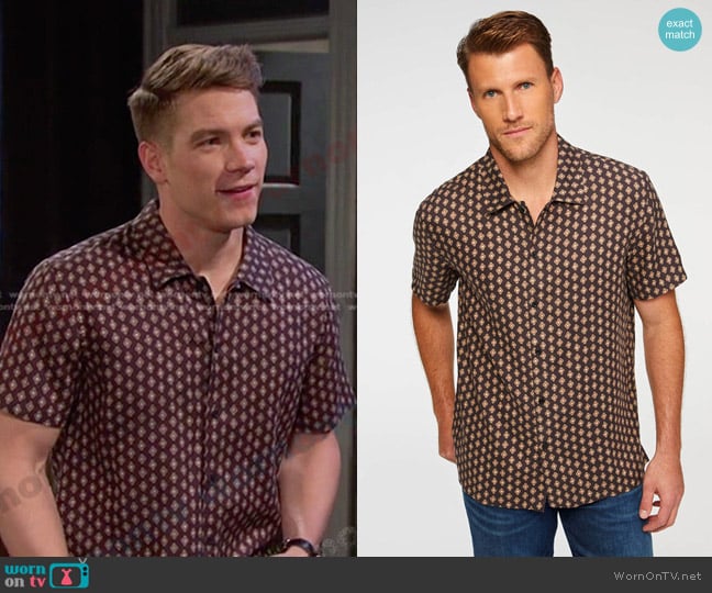 7 For All Mankind Short Sleeve Camp Collar Shirt in Taupe Foulard worn by Tripp Johnson (Lucas Adams) on Days of our Lives