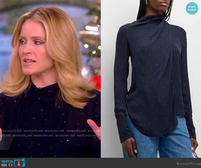 A.L.C. Luna wrap-effect crystal-embellished silk-chiffon blouse worn by Sara Haines on The View