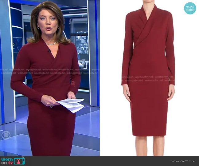 Alexander McQueen Fitted Wrap-Front Dress in Burgundy worn by Norah O'Donnell on CBS Evening News