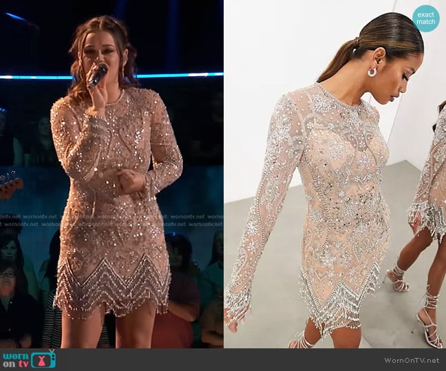 Asos Edition Embellished Mini Dress with Beaded Fringe Hem in blush worn by Kristen Brown on The Voice