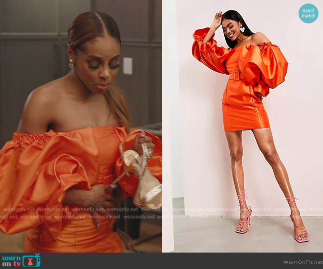 ASOS Belted drama sleeve structured satin mini dress in hot orange worn by Candiace Dillard Bassett on The Real Housewives of Potomac