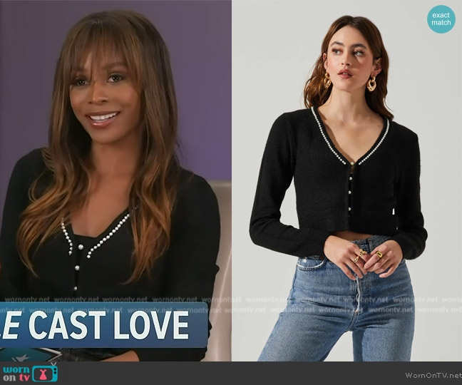 ASTR the Label Pearl Embellished Cardigan Sweater worn by Zuri Hall on Access Hollywood