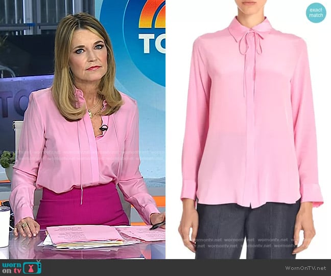 Adam Lippes Shirt With Thin Bow in Rose worn by Savannah Guthrie on Today