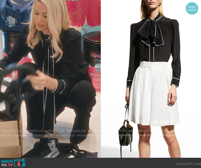 Alice + Olivia Jeannie Piped Bow-Collar Button-Down Shirt worn by Paris Hilton on Paris in Love