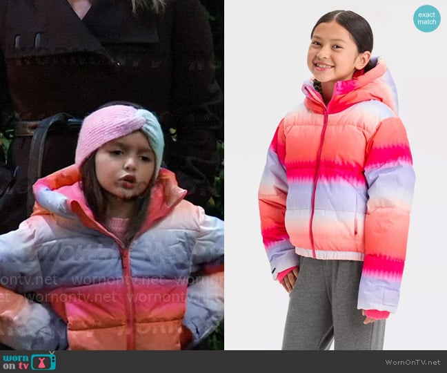 All In Motion at Target Girls' Puffer Jacket in Pink worn by Donna Corinthos (Scarlett Spears) on General Hospital