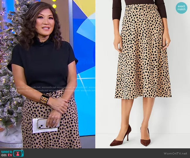 Ann Taylor Animal Print Belted Midi Skirt worn by Juju Chang on Good Morning America