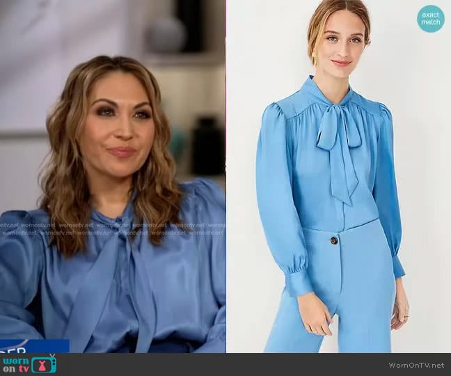 Ann Taylor Bow Tie Blouse in Marina Blue worn by Lori Bergamotto on Good Morning America