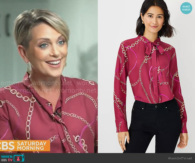 Ann Taylor Chain Print Tie Neck Blouse in Frosted Cranberry worn by Jamie Yuccas on CBS Mornings