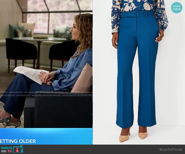 Ann Taylor The High Waist Belted Boot Cut Pant in Lavish Blue worn by Lori Bergamotto on Good Morning America