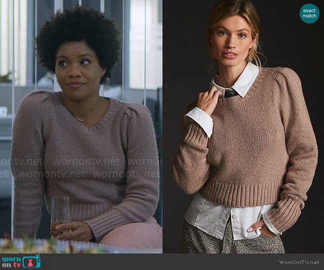 Maeve at Anthropologie Crewneck Puff-Sleeve Sweater in Neutral worn by Nella Rogers (Sinclair Daniel) on The Other Black Girl