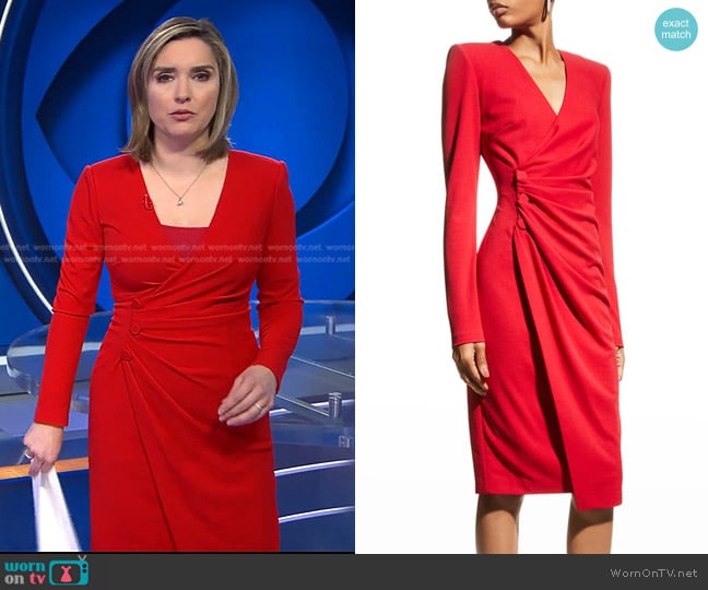 Badgley Mischka Collection Long-Sleeve Side-Draped Sheath Dress worn by Margaret Brennan on CBS Evening News