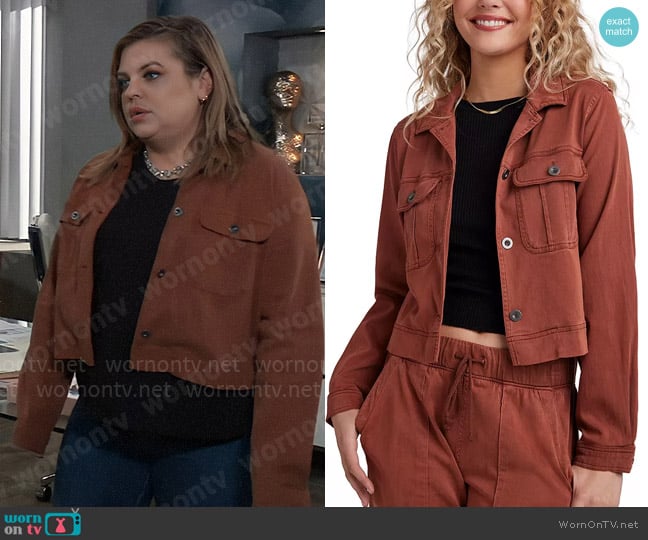 Bella Dahl Flap Pocket Cropped Utility Jacket in Autumn Amber worn by Maxie Jones (Kirsten Storms) on General Hospital