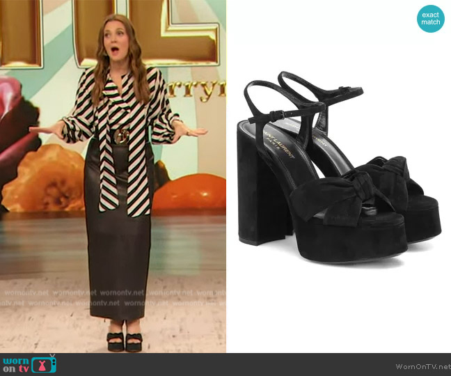 Saint Laurent Bianca knotted leather platform sandals worn by Drew Barrymore on The Drew Barrymore Show