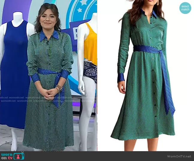 Boden Kate Geo Print Long Sleeve Shirtdress in Bright Green Geo worn by Adrianna Barrionuevo Brach on Today