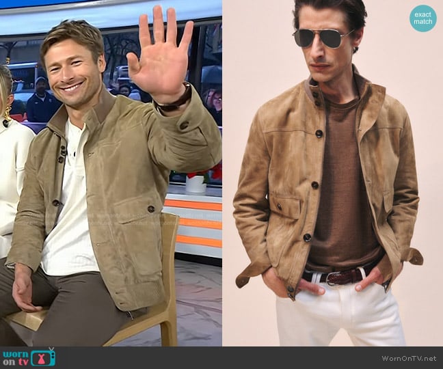 Brioni Solid Suede Bomber Jacket worn by Glen Powell on Today