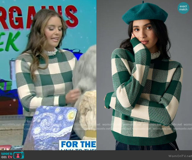 Anthropologie Plaid Ruffle-Collar Pullover Sweater worn by Monica Mangin on Live with Kelly and Mark