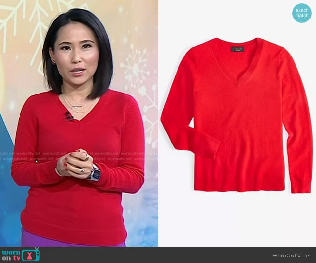 Charter Club 100% Cashmere V-Neck Sweater in Calypso Red worn by Vicky Nguyen on Today