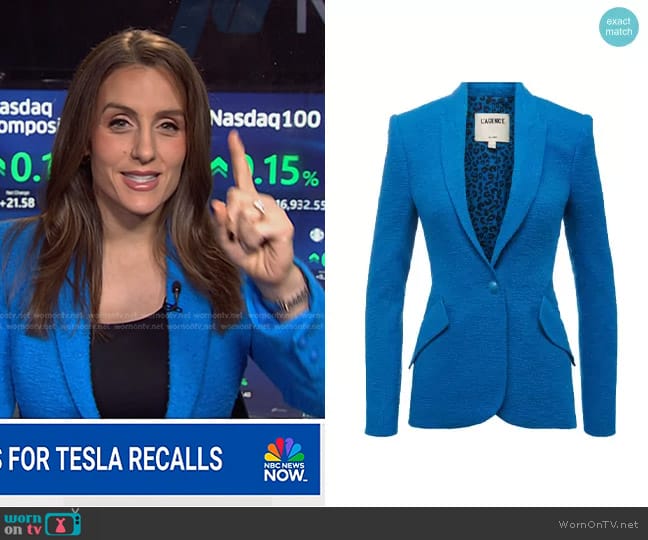 L'Agence Chamberlain Tweed Blazer in Teal worn by Kristina Partsinevelos on NBC News Daily