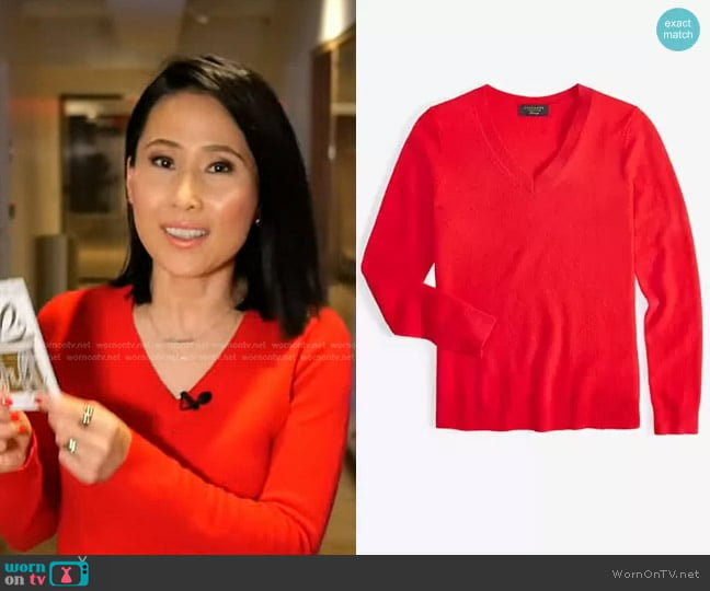 Charter Club 100% Cashmere V-Neck Sweater in Calypso Red worn by Vicky Nguyen on Today