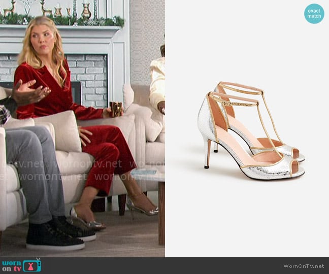 J. Crew Collection Rylie T-strap heels in snake-embossed Italian leather worn by Amanda Kloots on The Talk